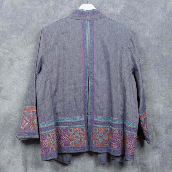 SIGRID OLSEN Linen Chambray Needlepoint Embroidered Jacket Colorful Sz L - Picture 3 of 5